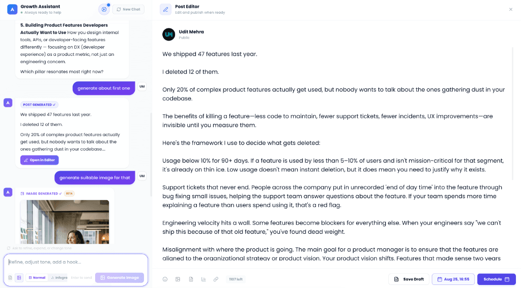 GrowthMaster AI LinkedIn Post Generator and Live Post Editor Interface