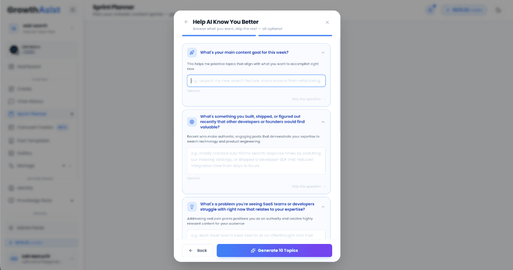 GrowthMaster Sprint Wizard Modal UI showing guided questions: What's your main content goal for this week?, What's something you built or shipped recently?, What's a problem SaaS teams struggle with?